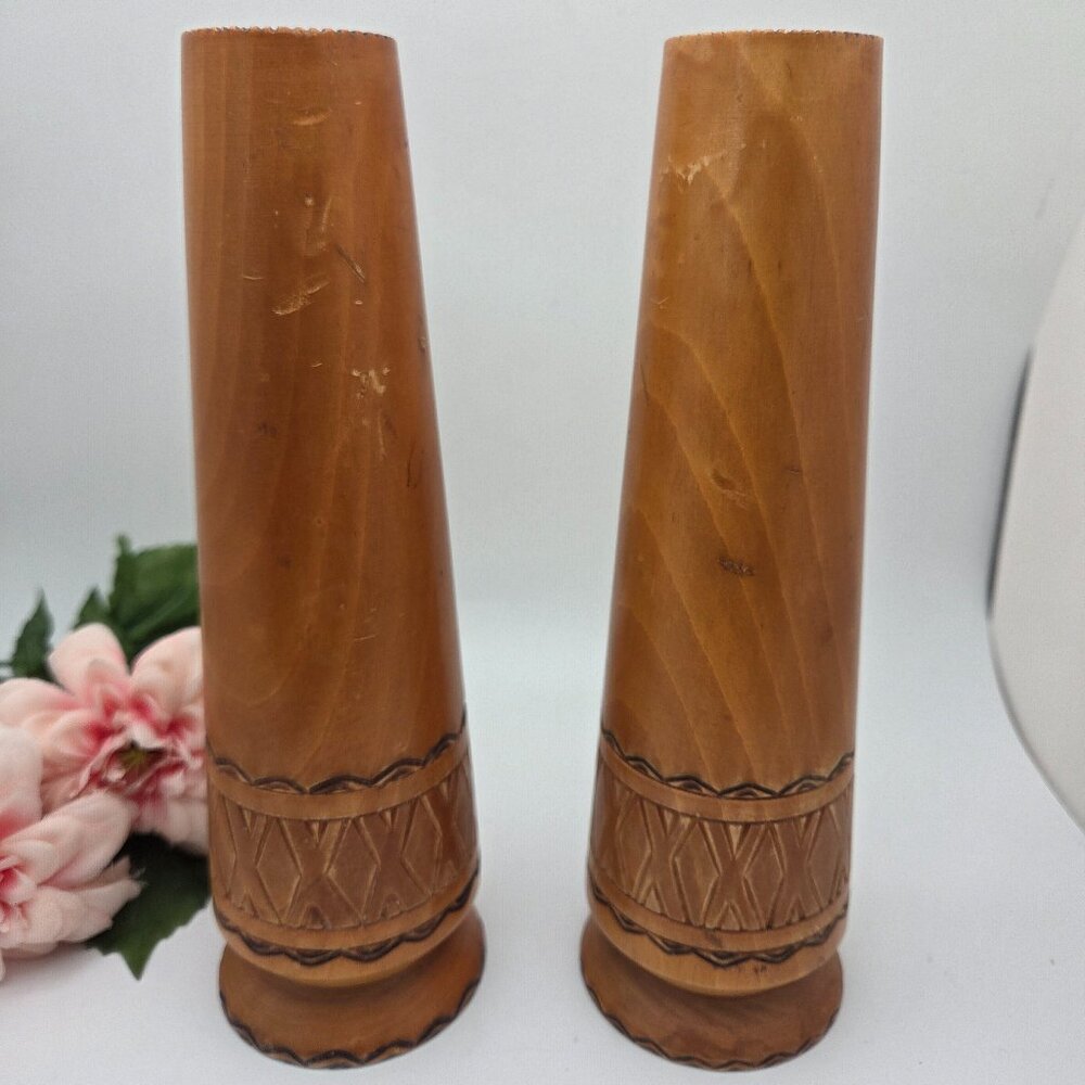 Vintage Pair of Hand Carved Wood Vases Footed Mid Century 8 1/2 Inches Signed